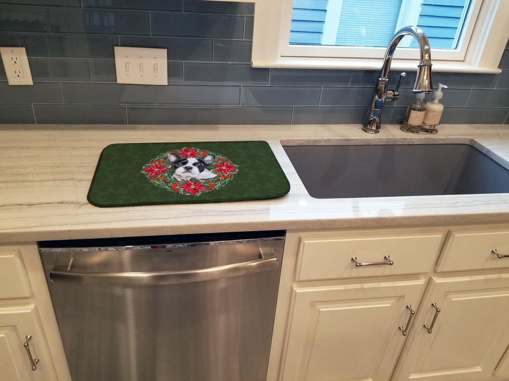 French Bulldog Black White Poinsetta Wreath Dish Drying Mat Absorbent Dish Drying Mat Pad for Kitchen Counter Dish Drainer Mat for Countertop, 14 x 21", Multicolor