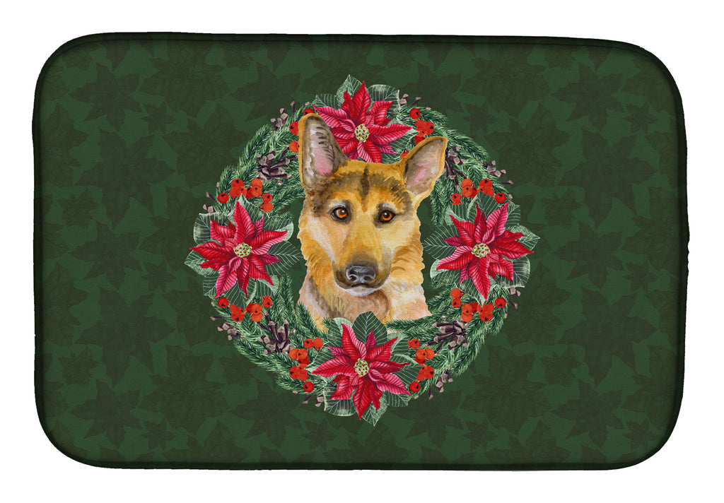 German Shepherd #2 Poinsetta Wreath Dish Drying Mat Absorbent Dish Drying Mat Pad for Kitchen Counter Dish Drainer Mat for Countertop, 14 x 21", Multicolor