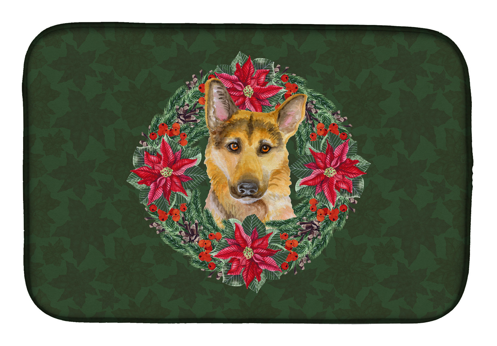 German Shepherd #2 Poinsetta Wreath Dish Drying Mat Absorbent Dish Drying Mat Pad for Kitchen Counter Dish Drainer Mat for Countertop, 14 x 21", Multicolor