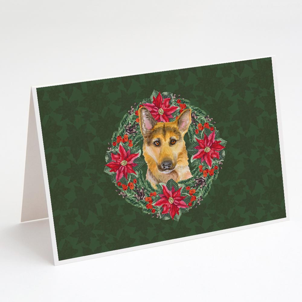 German Shepherd #2 Poinsetta Wreath Greeting Cards Pack of 8 Blank Cards with Envelopes Whimsical A7 Size 5x7