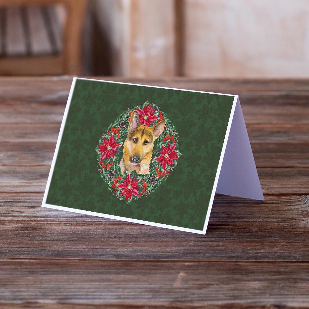 German Shepherd #2 Poinsetta Wreath Greeting Cards Pack of 8 Blank Cards with Envelopes Whimsical A7 Size 5x7