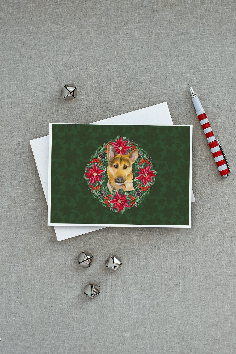 German Shepherd #2 Poinsetta Wreath Greeting Cards Pack of 8 Blank Cards with Envelopes Whimsical A7 Size 5x7