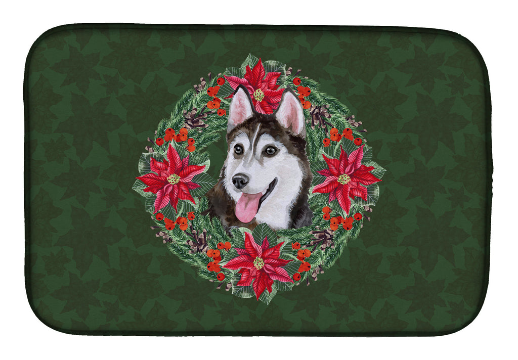 Siberian Husky #2 Poinsetta Wreath Dish Drying Mat Absorbent Dish Drying Mat Pad for Kitchen Counter Dish Drainer Mat for Countertop, 14 x 21", Multicolor