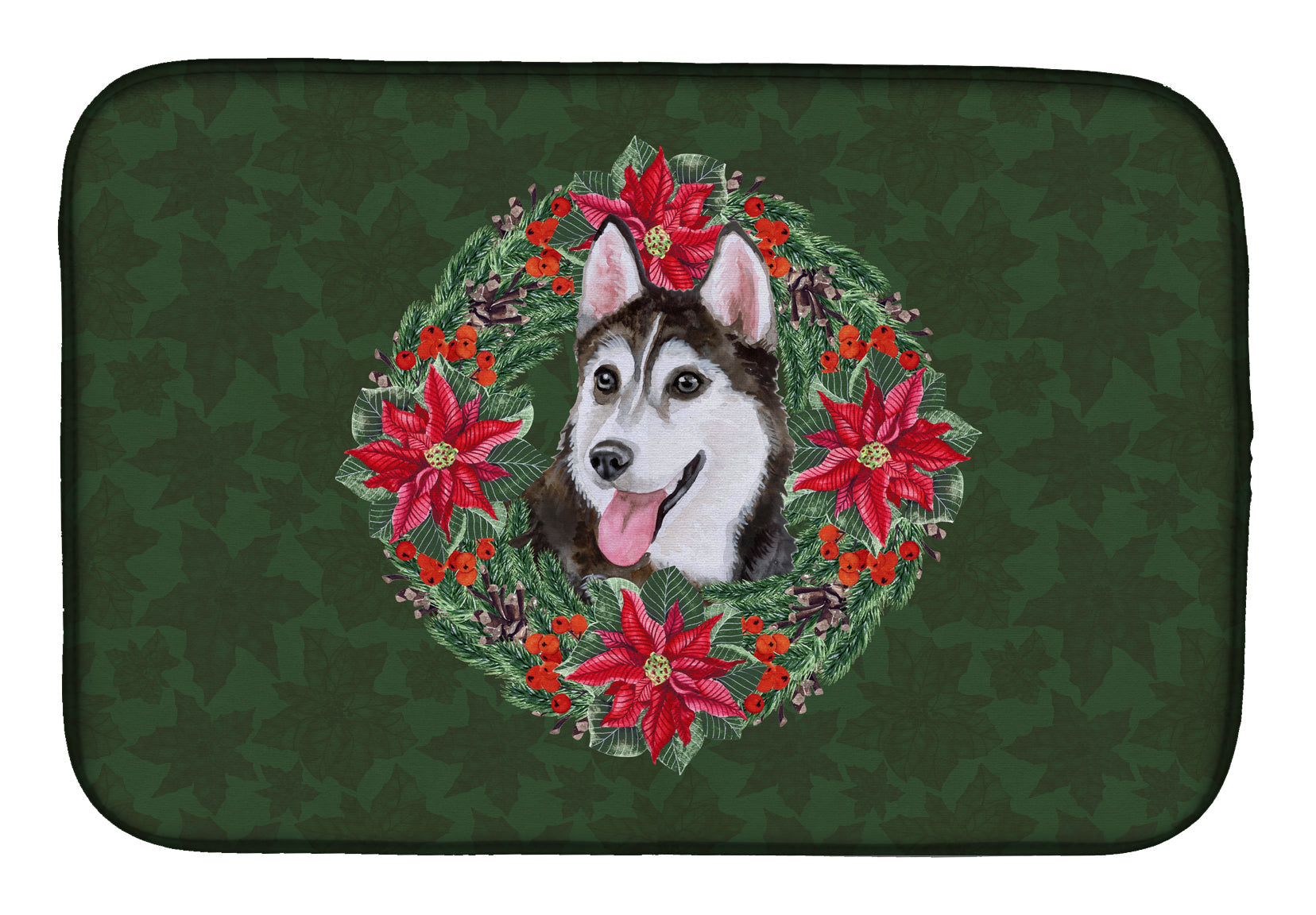 Siberian Husky #2 Poinsetta Wreath Dish Drying Mat Absorbent Dish Drying Mat Pad for Kitchen Counter Dish Drainer Mat for Countertop, 14 x 21", Multicolor