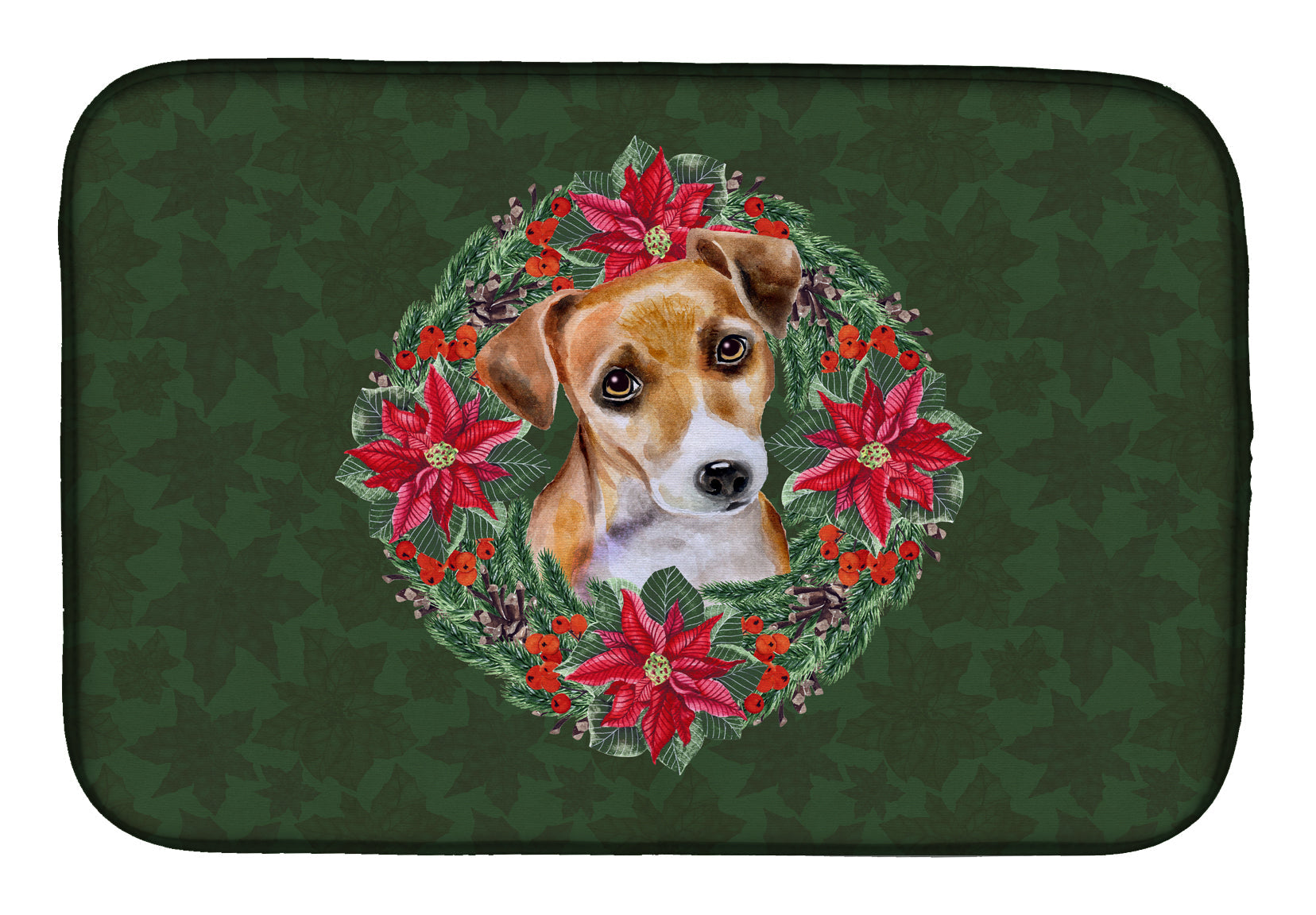 Jack Russell Terrier #2 Poinsetta Wreath Dish Drying Mat Absorbent Dish Drying Mat Pad for Kitchen Counter Dish Drainer Mat for Countertop, 14 x 21", Multicolor
