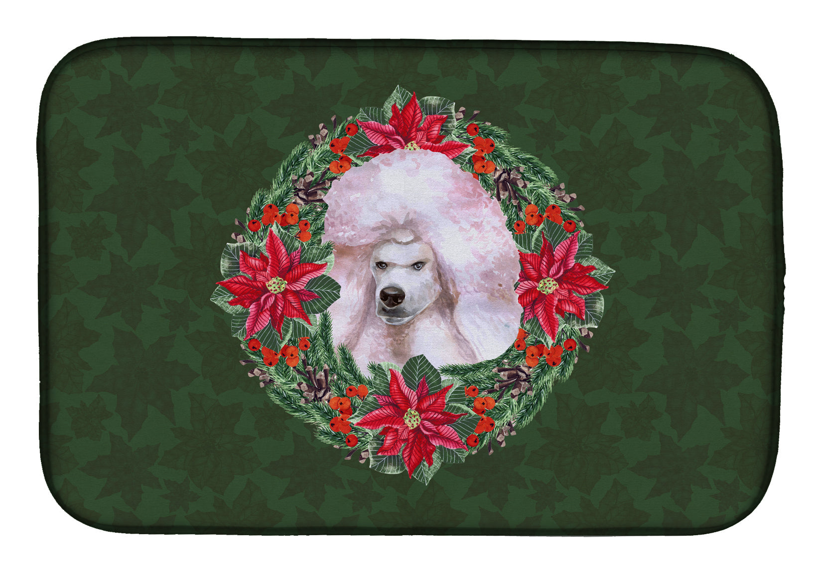 White Standard Poodle Poinsetta Wreath Dish Drying Mat Absorbent Dish Drying Mat Pad for Kitchen Counter Dish Drainer Mat for Countertop, 14 x 21", Multicolor