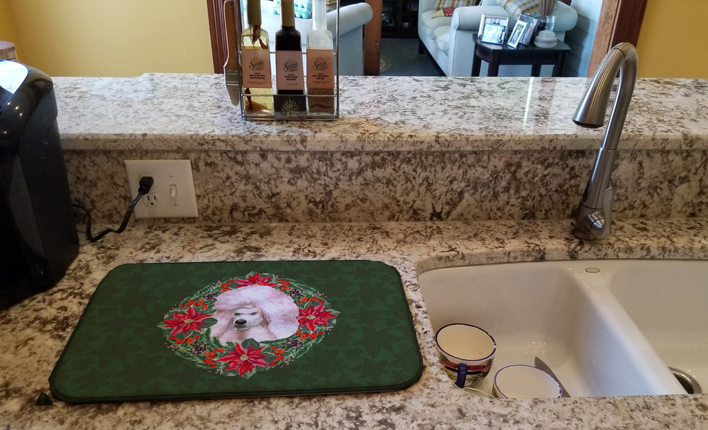 White Standard Poodle Poinsetta Wreath Dish Drying Mat Absorbent Dish Drying Mat Pad for Kitchen Counter Dish Drainer Mat for Countertop, 14 x 21", Multicolor