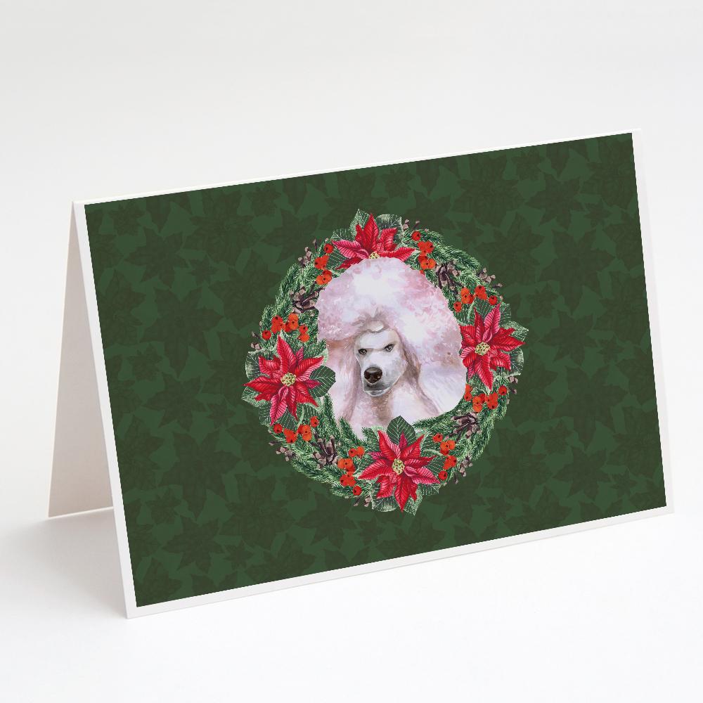 White Standard Poodle Poinsetta Wreath Greeting Cards Pack of 8 Blank Cards with Envelopes Whimsical A7 Size 5x7