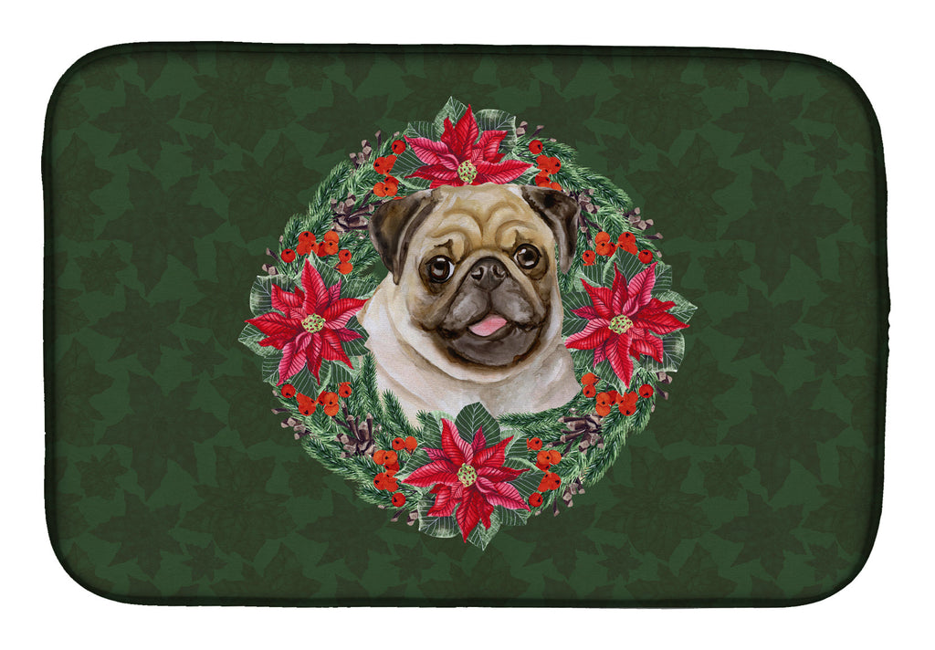 Fawn Pug Poinsetta Wreath Dish Drying Mat Absorbent Dish Drying Mat Pad for Kitchen Counter Dish Drainer Mat for Countertop, 14 x 21", Multicolor