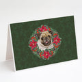 Fawn Pug Poinsetta Wreath Greeting Cards Pack of 8 Blank Cards with Envelopes Whimsical A7 Size 5x7