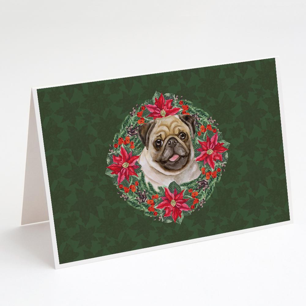 Fawn Pug Poinsetta Wreath Greeting Cards Pack of 8 Blank Cards with Envelopes Whimsical A7 Size 5x7