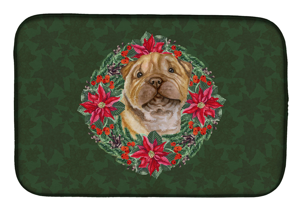 Shar Pei Puppy Poinsetta Wreath Dish Drying Mat Absorbent Dish Drying Mat Pad for Kitchen Counter Dish Drainer Mat for Countertop, 14 x 21", Multicolor