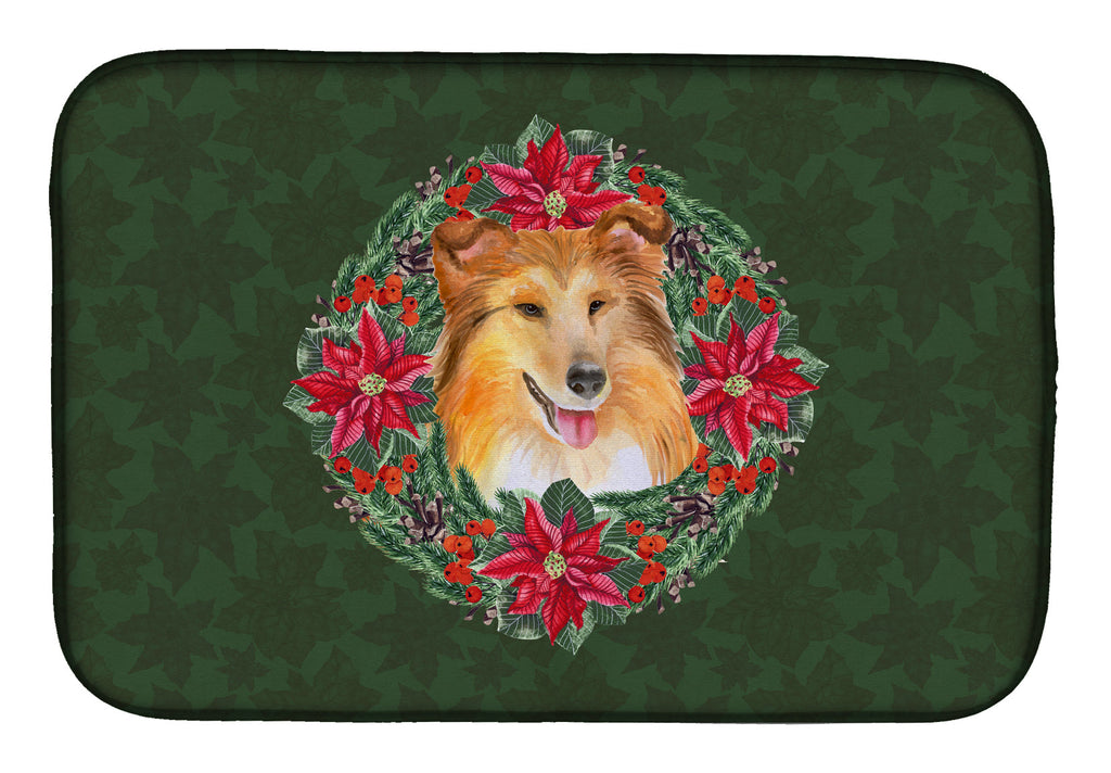 Sheltie Poinsetta Wreath Dish Drying Mat Absorbent Dish Drying Mat Pad for Kitchen Counter Dish Drainer Mat for Countertop, 14 x 21", Multicolor