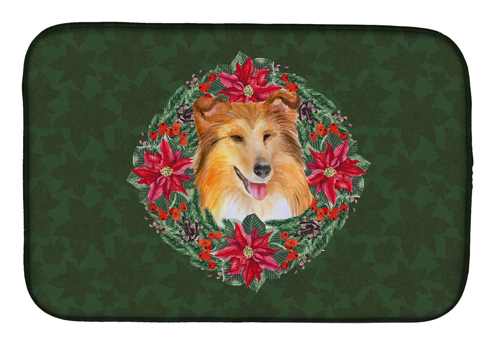 Sheltie Poinsetta Wreath Dish Drying Mat Absorbent Dish Drying Mat Pad for Kitchen Counter Dish Drainer Mat for Countertop, 14 x 21", Multicolor