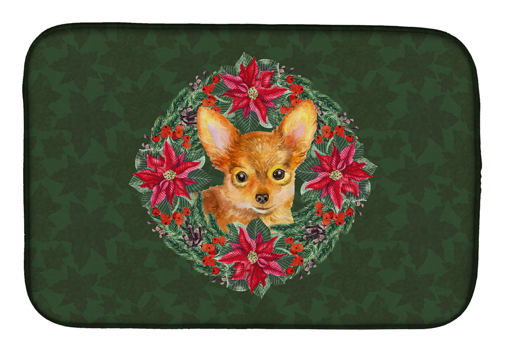 Toy Terrier Poinsetta Wreath Dish Drying Mat Absorbent Dish Drying Mat Pad for Kitchen Counter Dish Drainer Mat for Countertop, 14 x 21", Multicolor