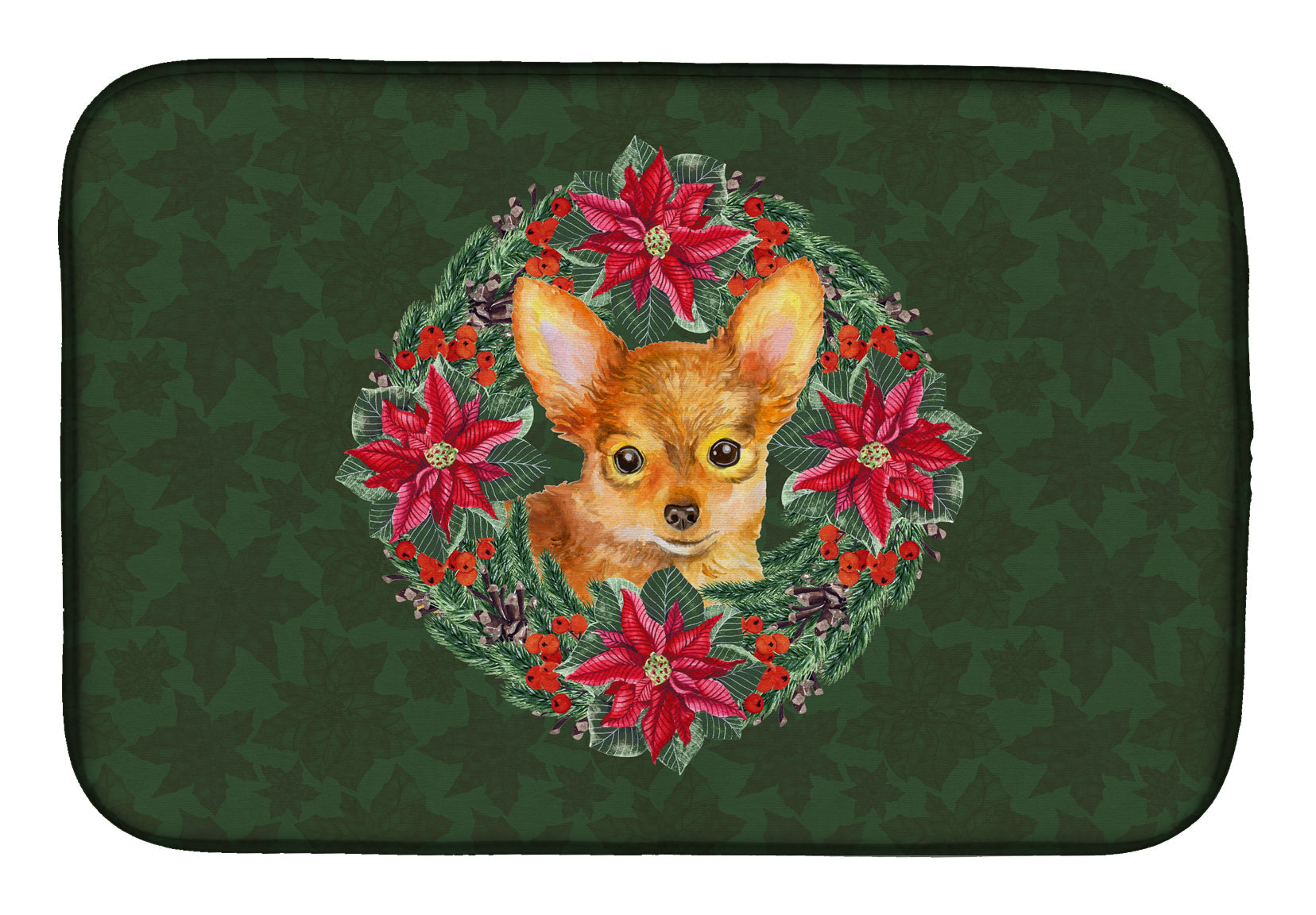 Toy Terrier Poinsetta Wreath Dish Drying Mat Absorbent Dish Drying Mat Pad for Kitchen Counter Dish Drainer Mat for Countertop, 14 x 21", Multicolor