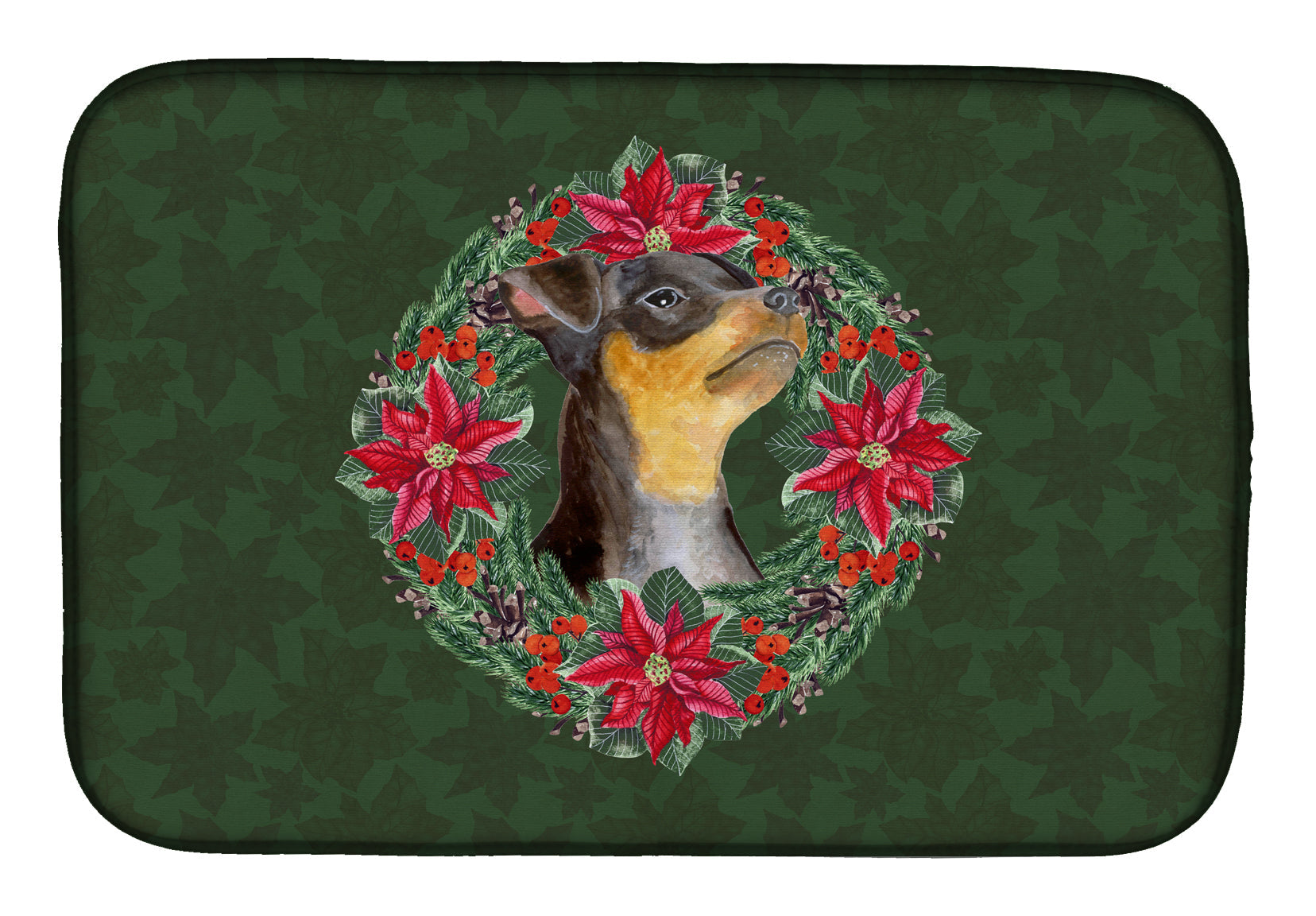 Miniature Pinscher #2 Poinsetta Wreath Dish Drying Mat Absorbent Dish Drying Mat Pad for Kitchen Counter Dish Drainer Mat for Countertop, 14 x 21", Multicolor