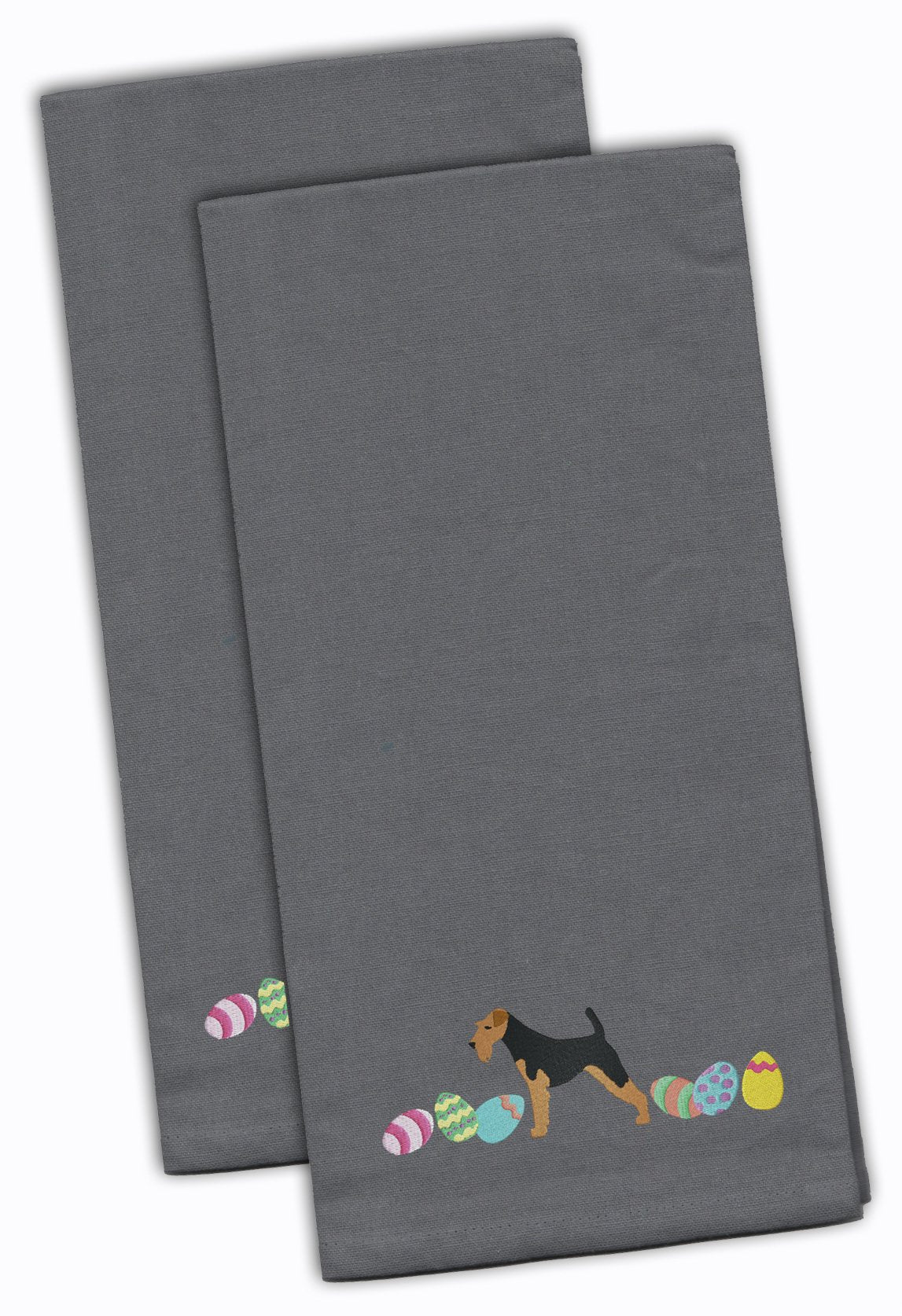Airedale Terrier Easter Gray Embroidered Towel Set of 2