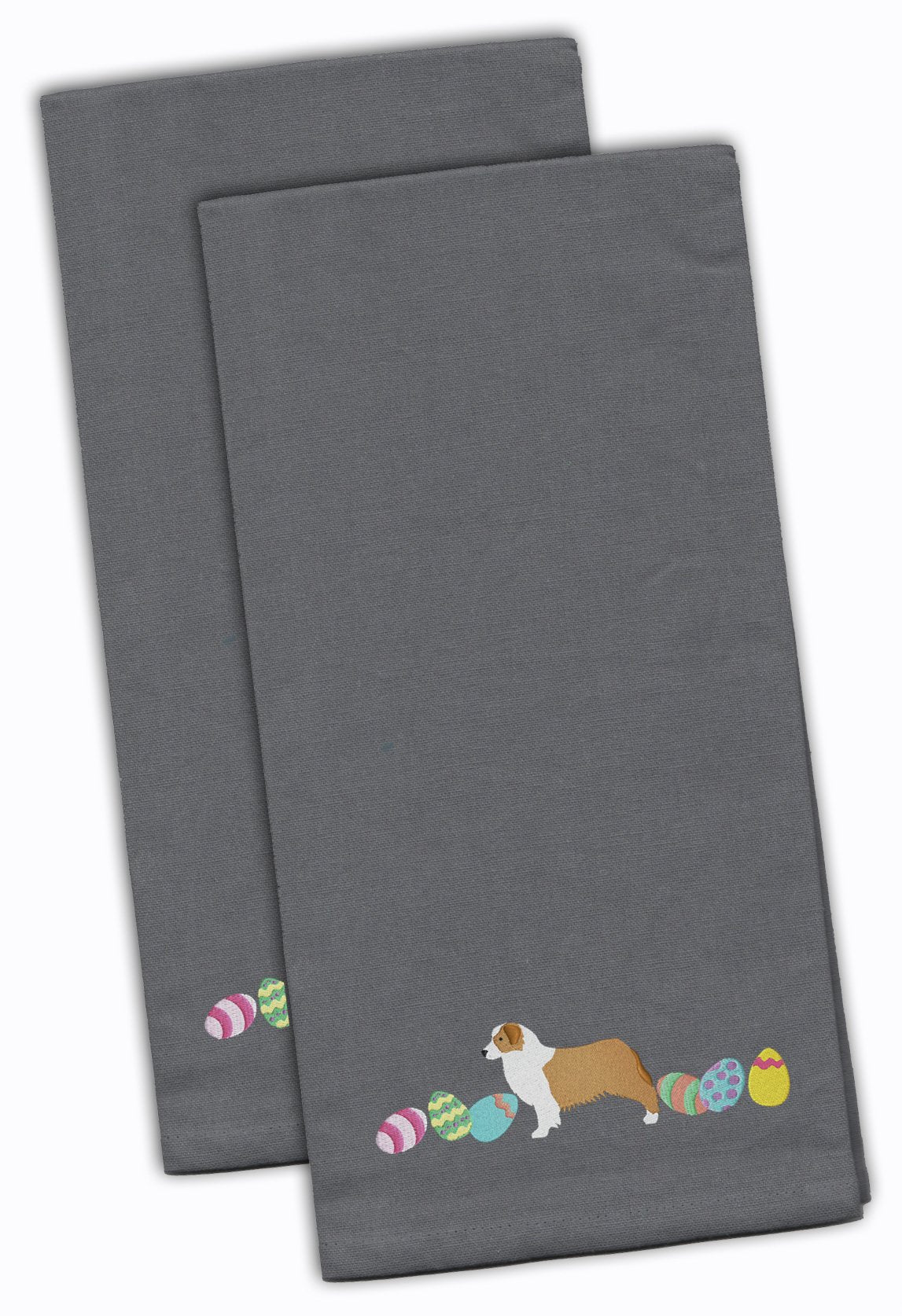 Australian Shepherd Easter Gray Embroidered Towel Set of 2