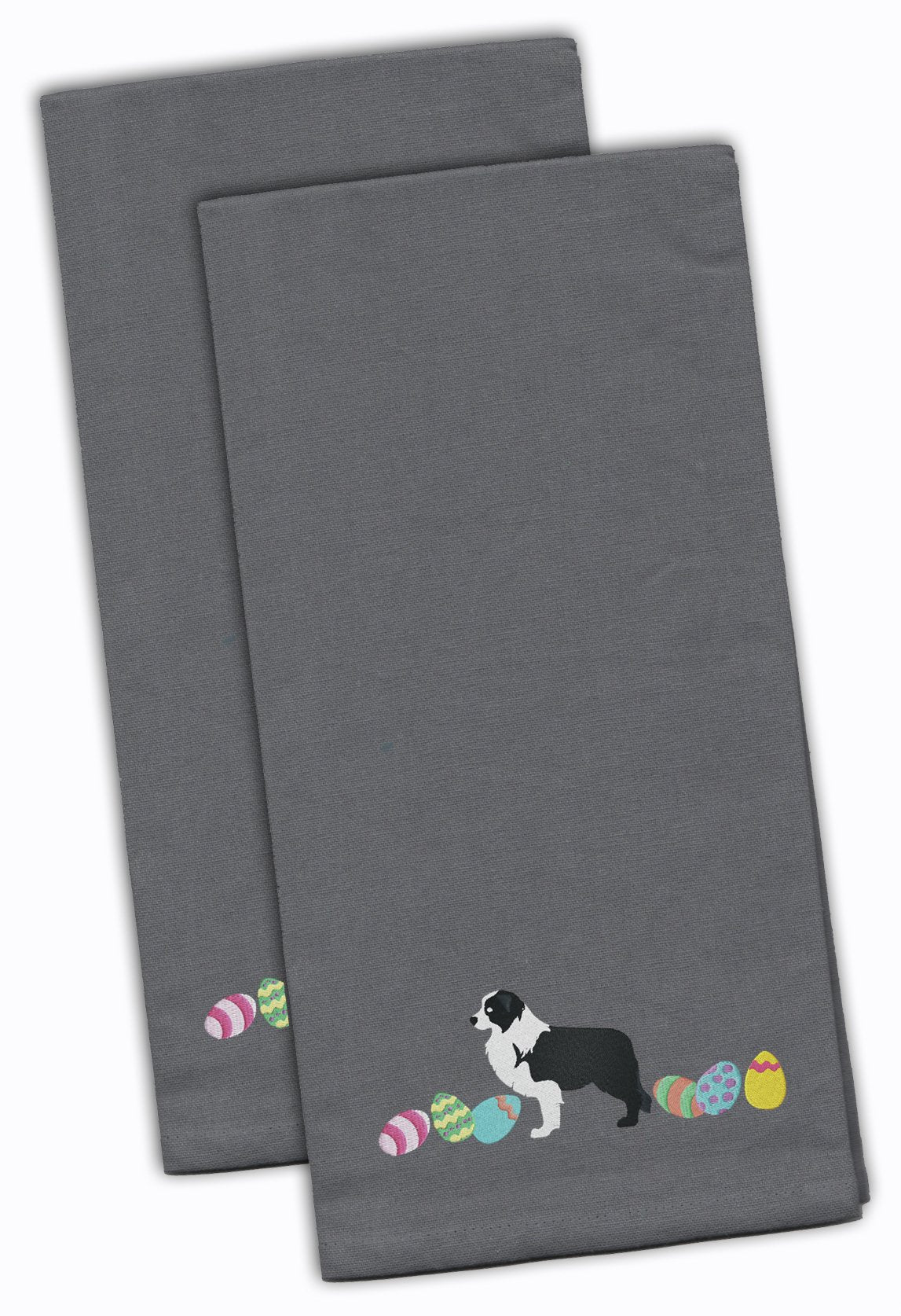 Black Border Collie Easter Gray Embroidered Towel Set of 2