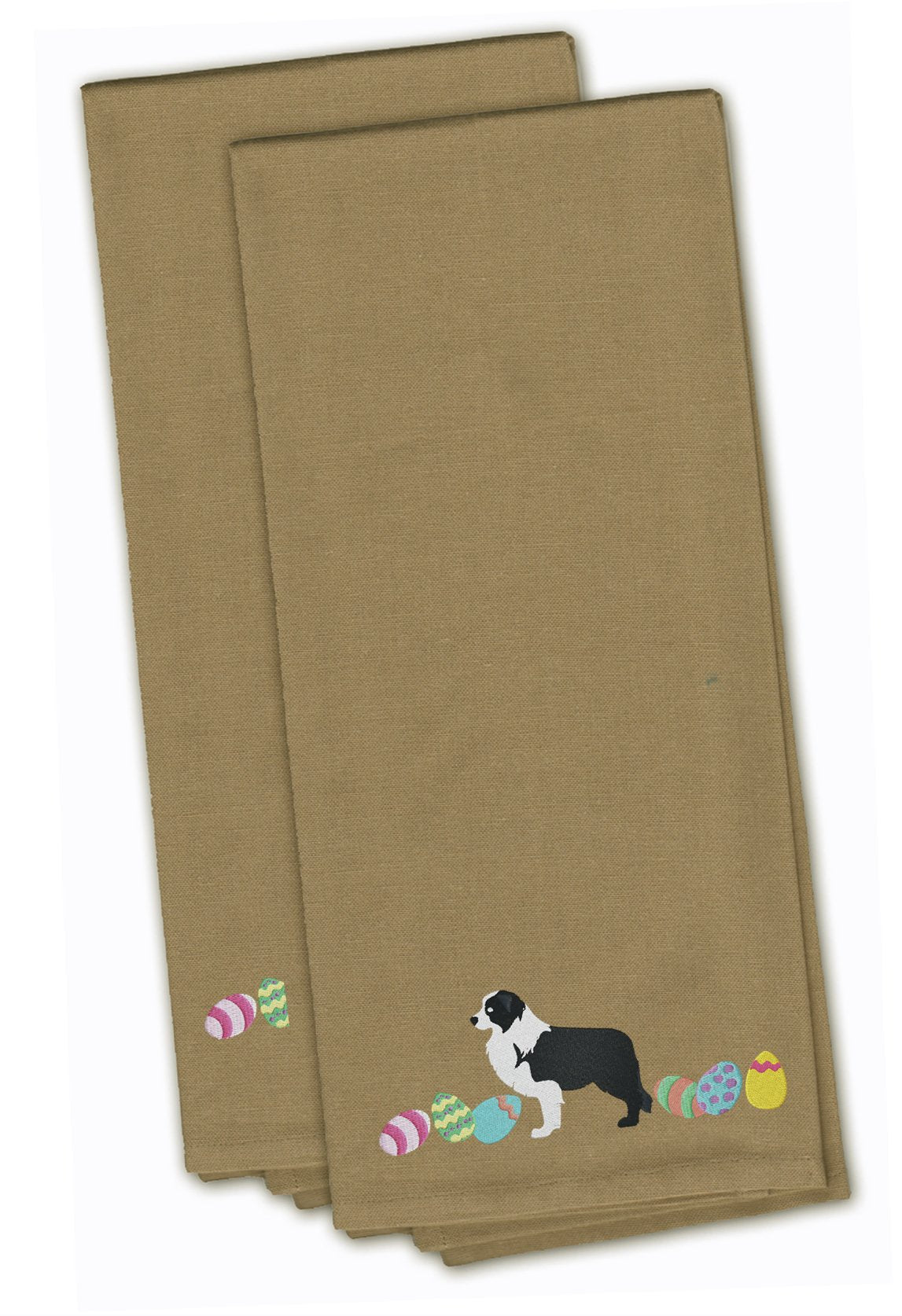 Black Border Collie Easter Tan Embroidered Towel Set of 2 Decorative Bathroom Guest Hand Towel for Hand, Face, Tea, Dishcloth, 19 X 25, Tan