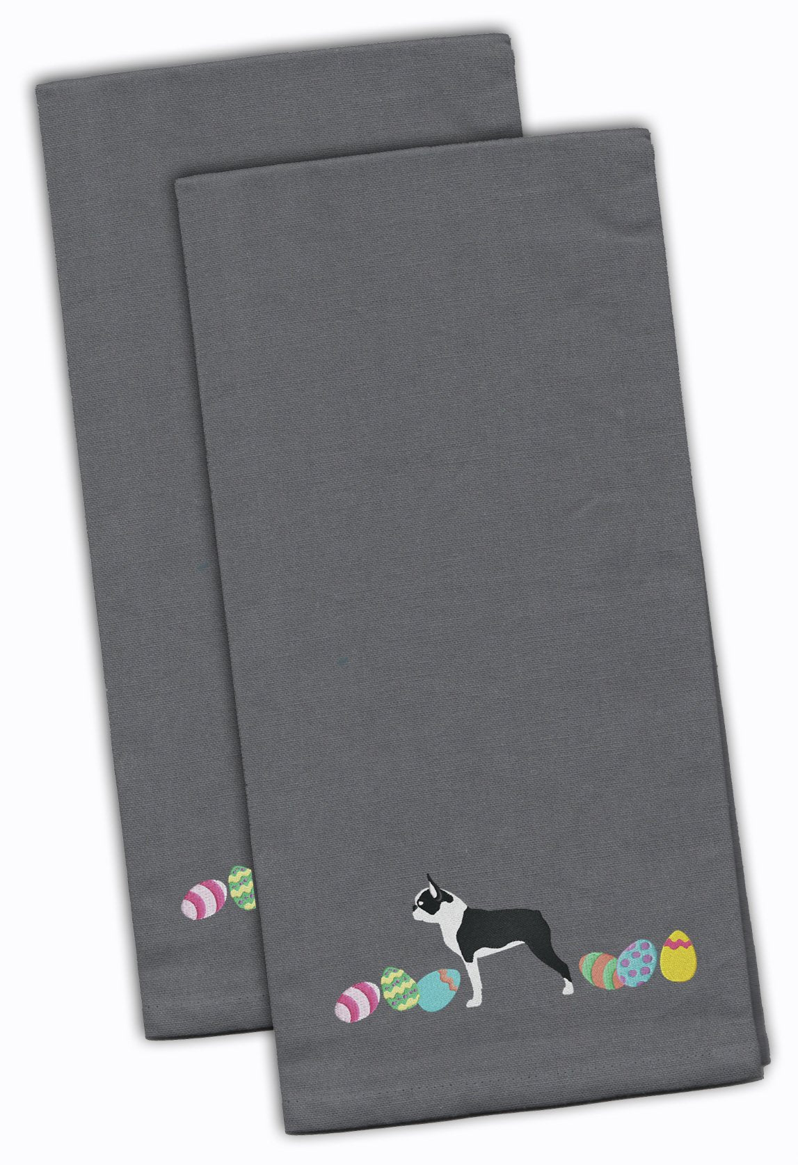 Boston Terrier Easter Gray Embroidered Towel Set of 2