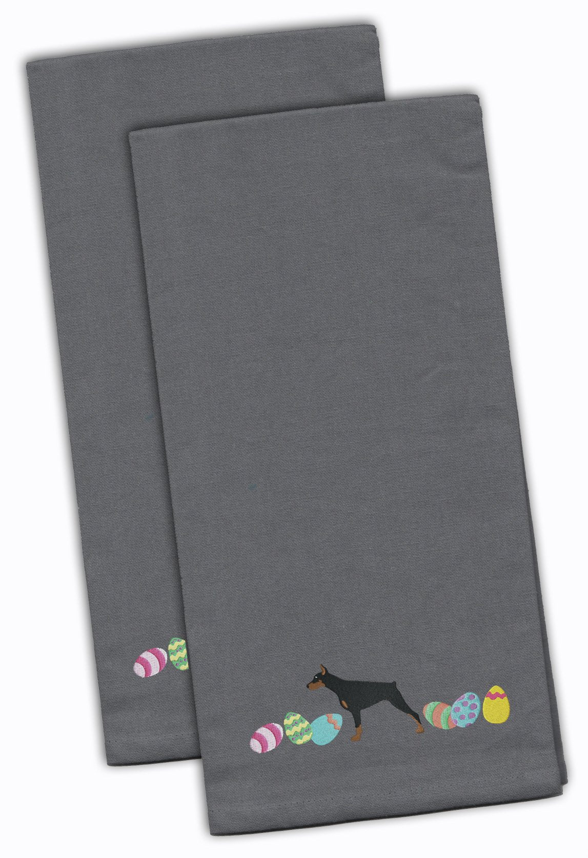 Doberman Pinscher Easter Gray Embroidered Towel Set of 2