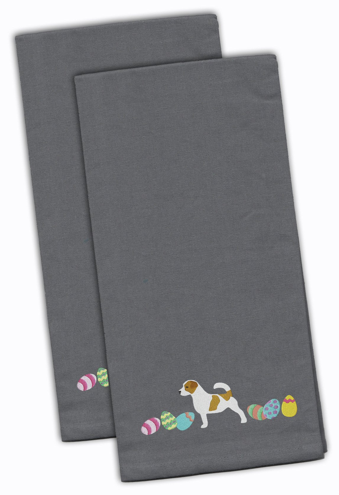 Jack Russell Terrier Easter Gray Embroidered Towel Set of 2