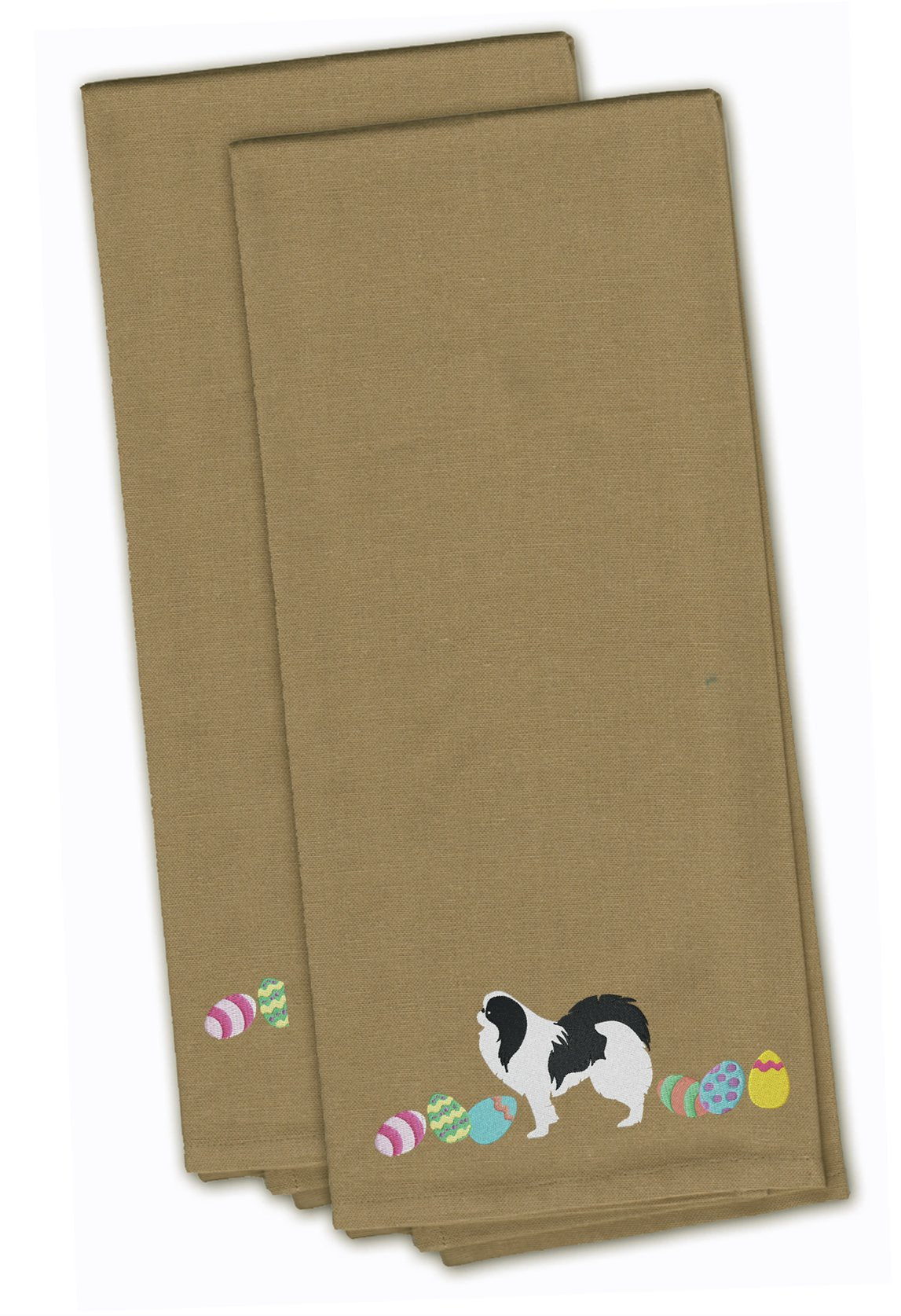 Japanese Chin Easter Tan Embroidered Towel Set of 2 Decorative Bathroom Guest Hand Towel for Hand, Face, Tea, Dishcloth, 19 X 25, Tan