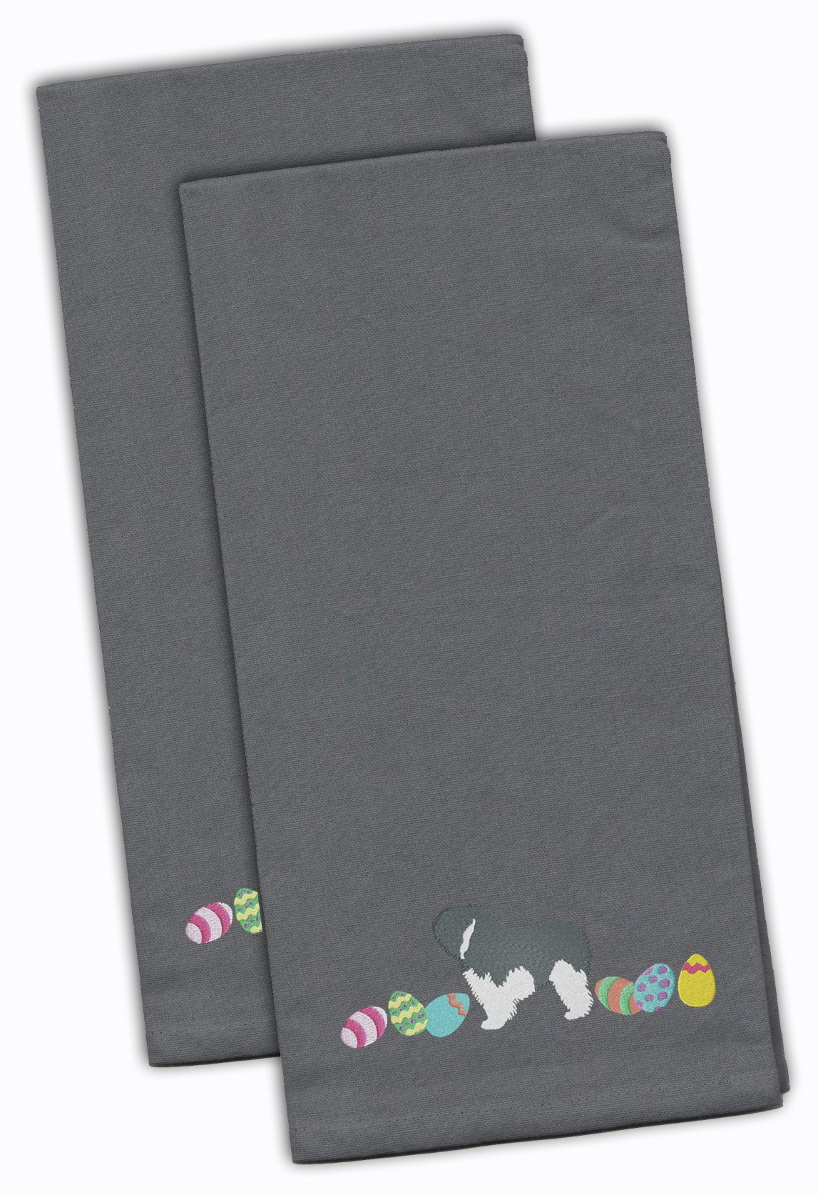 Polish Lowland Sheepdog Easter Gray Embroidered Towel Set of 2