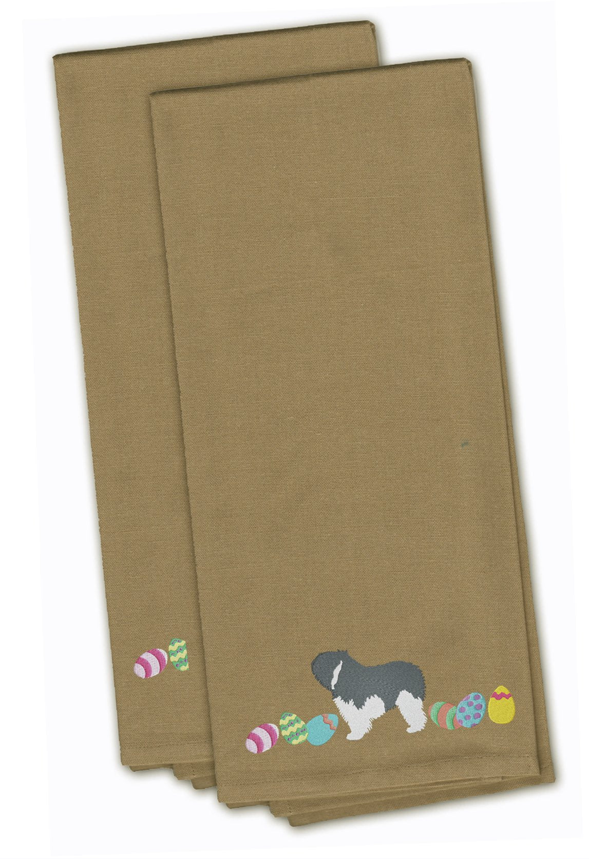 Polish Lowland Sheepdog Easter Tan Embroidered Towel Set of 2 Decorative Bathroom Guest Hand Towel for Hand, Face, Tea, Dishcloth, 19 X 25, Tan