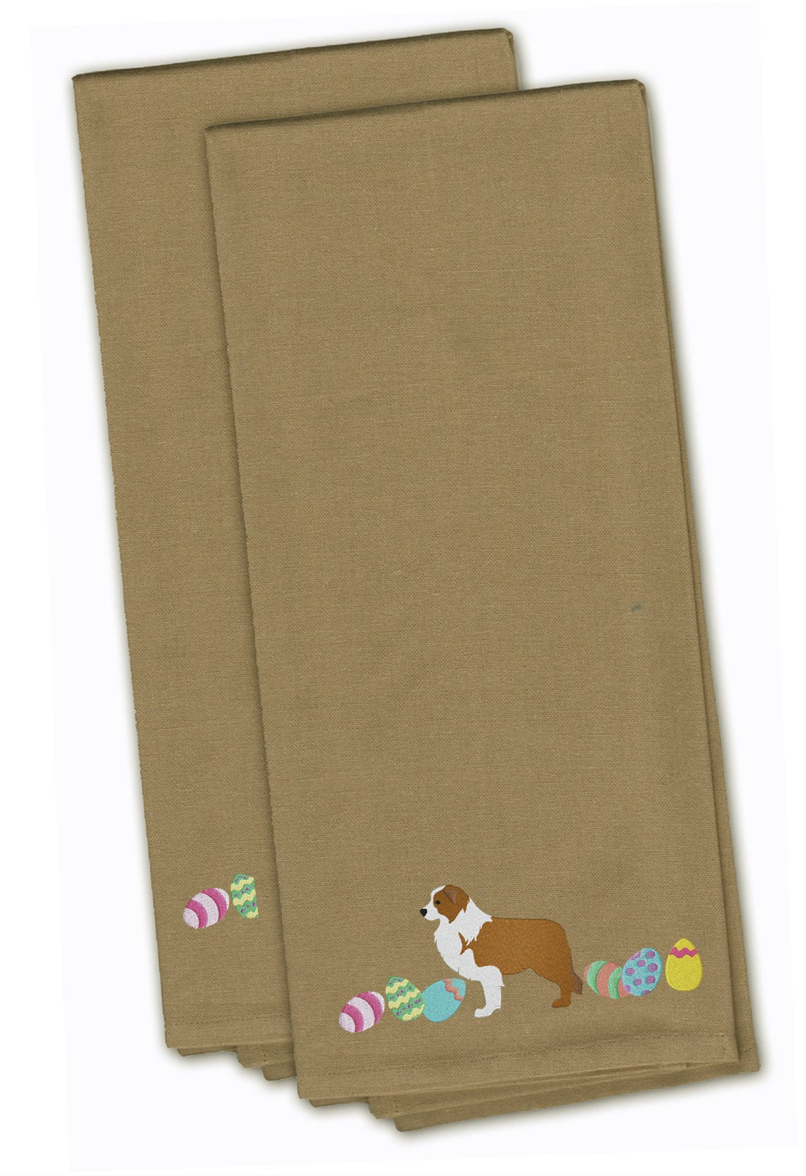 Red Border Collie Easter Tan Embroidered Towel Set of 2 Decorative Bathroom Guest Hand Towel for Hand, Face, Tea, Dishcloth, 19 X 25, Tan
