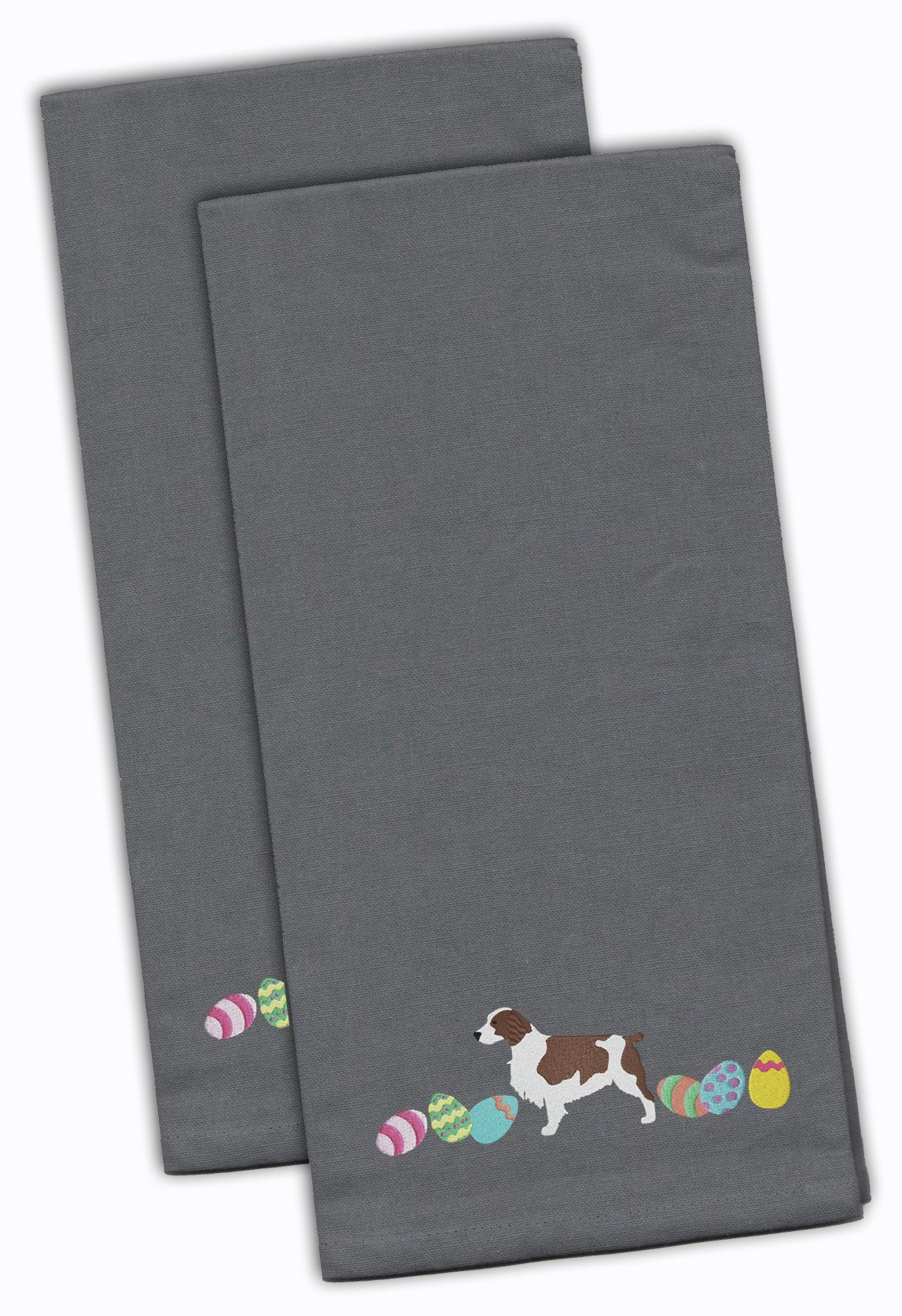 Welsh Springer Spaniel Easter Gray Embroidered Towel Set of 2