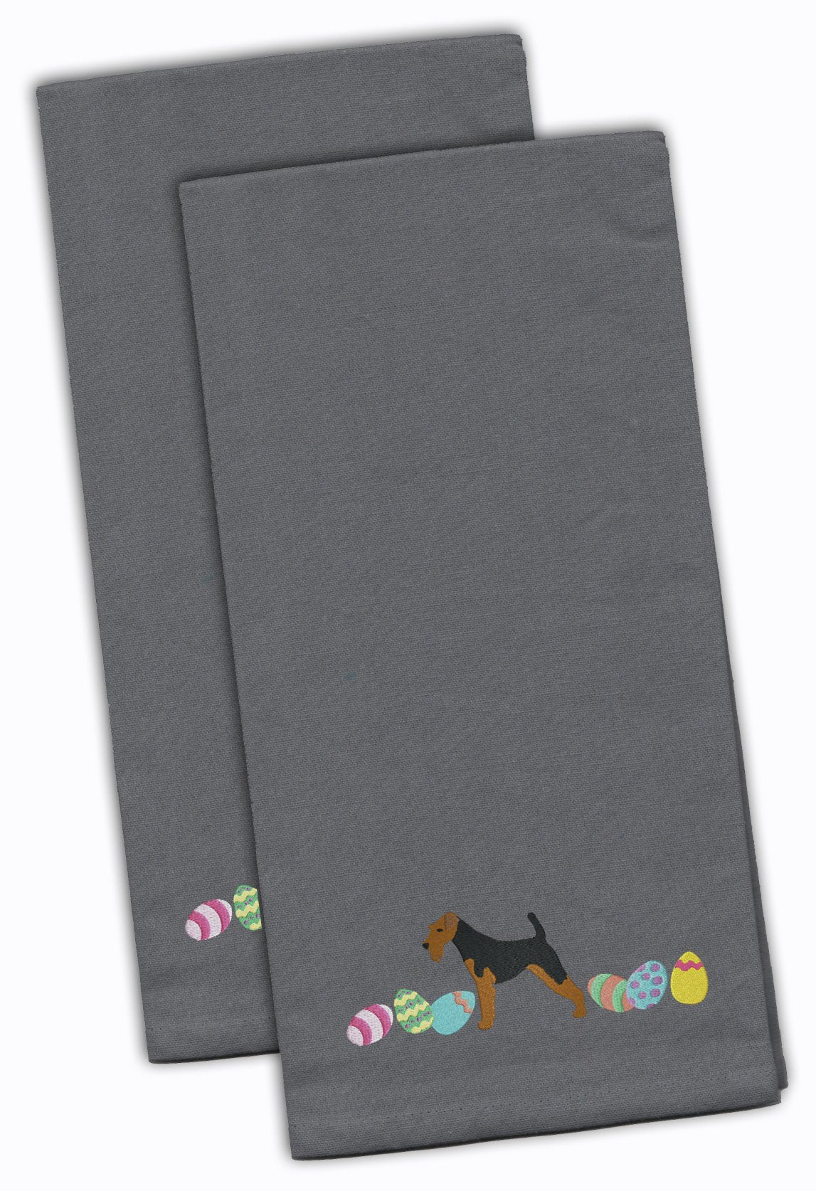 Welsh Terrier Easter Gray Embroidered Towel Set of 2