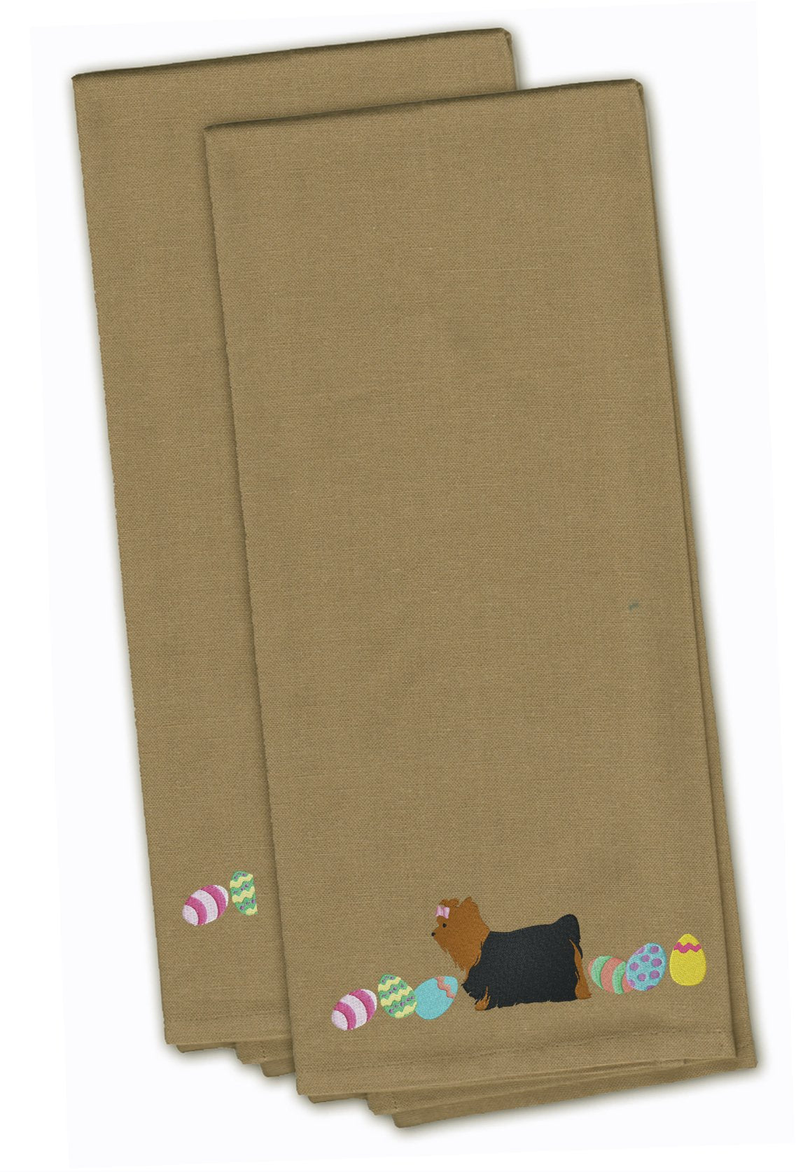 Yorkie Yorkshire Terrier Easter Tan Embroidered Towel Set of 2 Decorative Bathroom Guest Hand Towel for Hand, Face, Tea, Dishcloth, 19 X 25, Tan