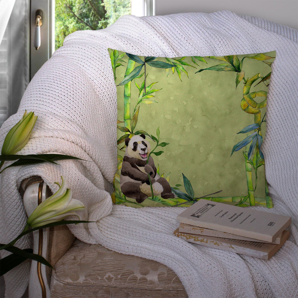 Panda Bear and Bamboo Decorative Throw Pillow 14x14 Indoor Outdoor Accent Cushion, Fabric Cover with Insert for Sofa, Bed, Porch & Living Room
