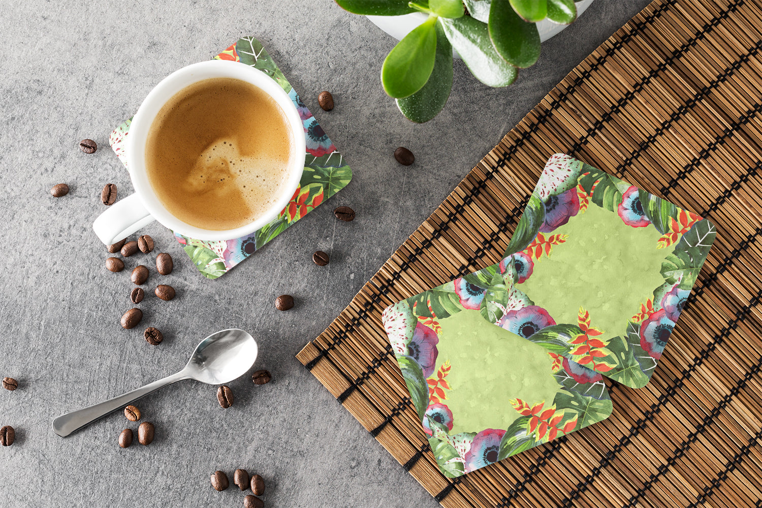 Tropical Foam Coasters Set of 4 Cup Coasters for Indoor Outdoor, Tabletop Protection, Anti Slip, Mouse pad Material