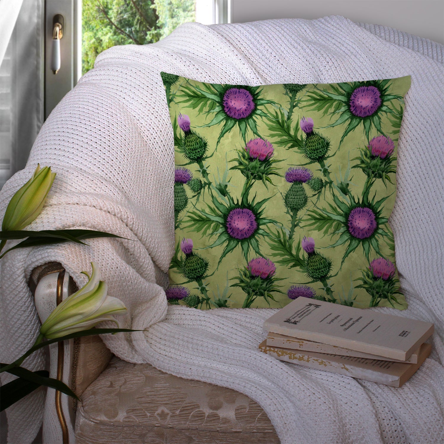 Thistle Decorative Throw Pillow 14x14 Indoor Outdoor Accent Cushion, Fabric Cover with Insert for Sofa, Bed, Porch & Living Room