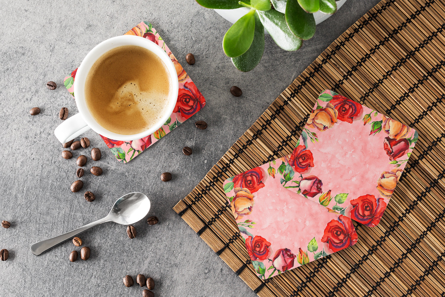 Roses Foam Coasters Set of 4 Cup Coasters for Indoor Outdoor, Tabletop Protection, Anti Slip, Mouse pad Material