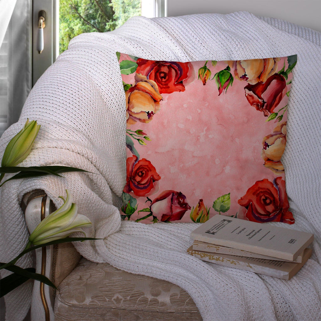 Roses Decorative Throw Pillow 14x14 Indoor Outdoor Accent Cushion, Fabric Cover with Insert for Sofa, Bed, Porch & Living Room