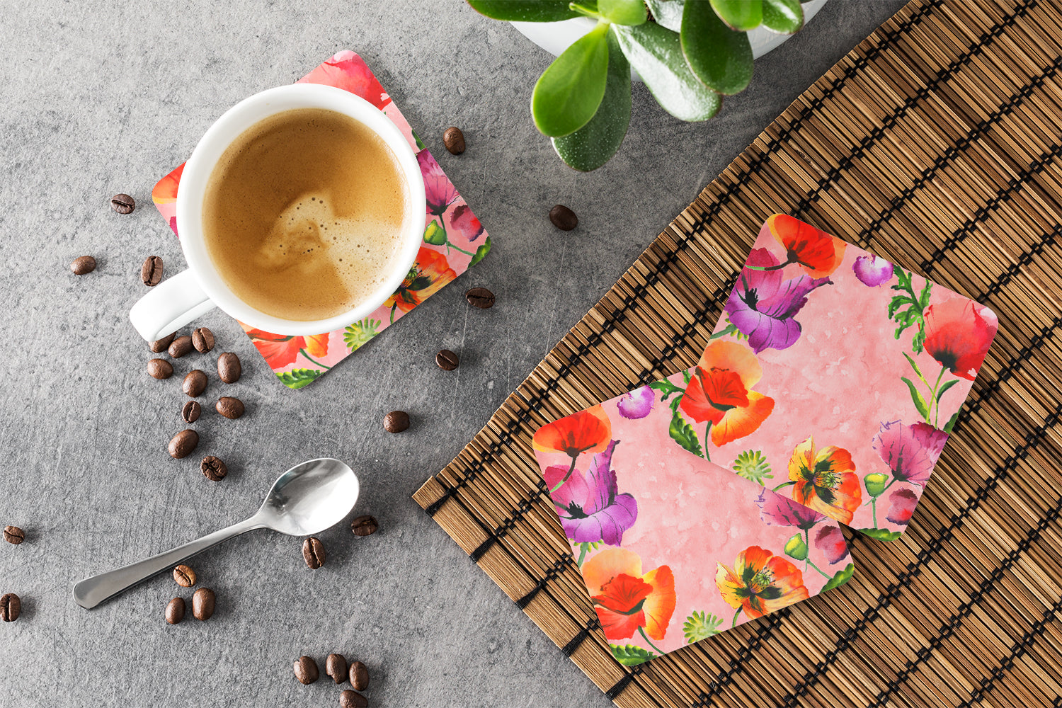 Poppy Flowers Foam Coasters Set of 4 Cup Coasters for Indoor Outdoor, Tabletop Protection, Anti Slip, Mouse pad Material