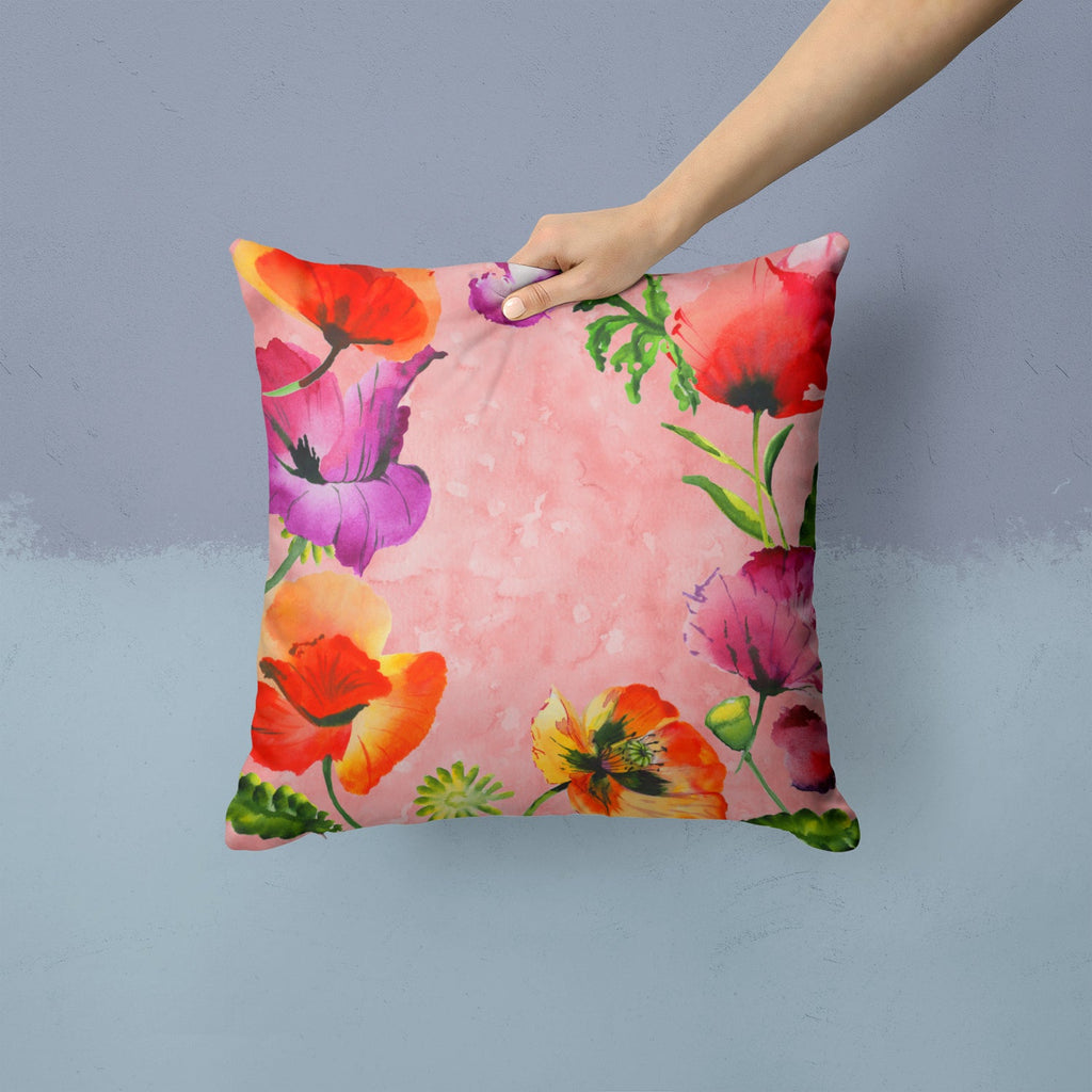 Poppy Flowers Decorative Throw Pillow 14x14 Indoor Outdoor Accent Cushion, Fabric Cover with Insert for Sofa, Bed, Porch & Living Room