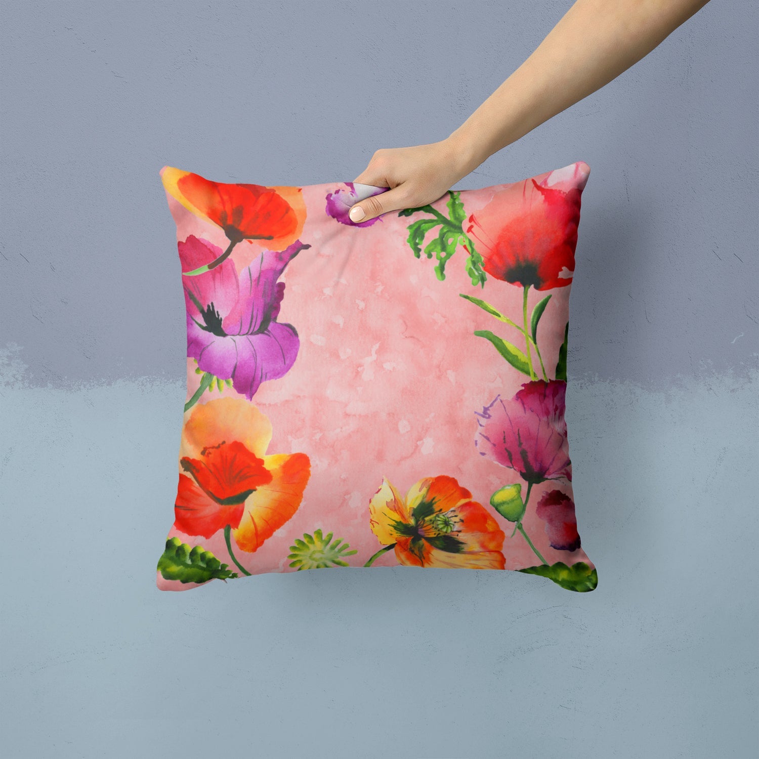 Poppy Flowers Decorative Throw Pillow 14x14 Indoor Outdoor Accent Cushion, Fabric Cover with Insert for Sofa, Bed, Porch & Living Room