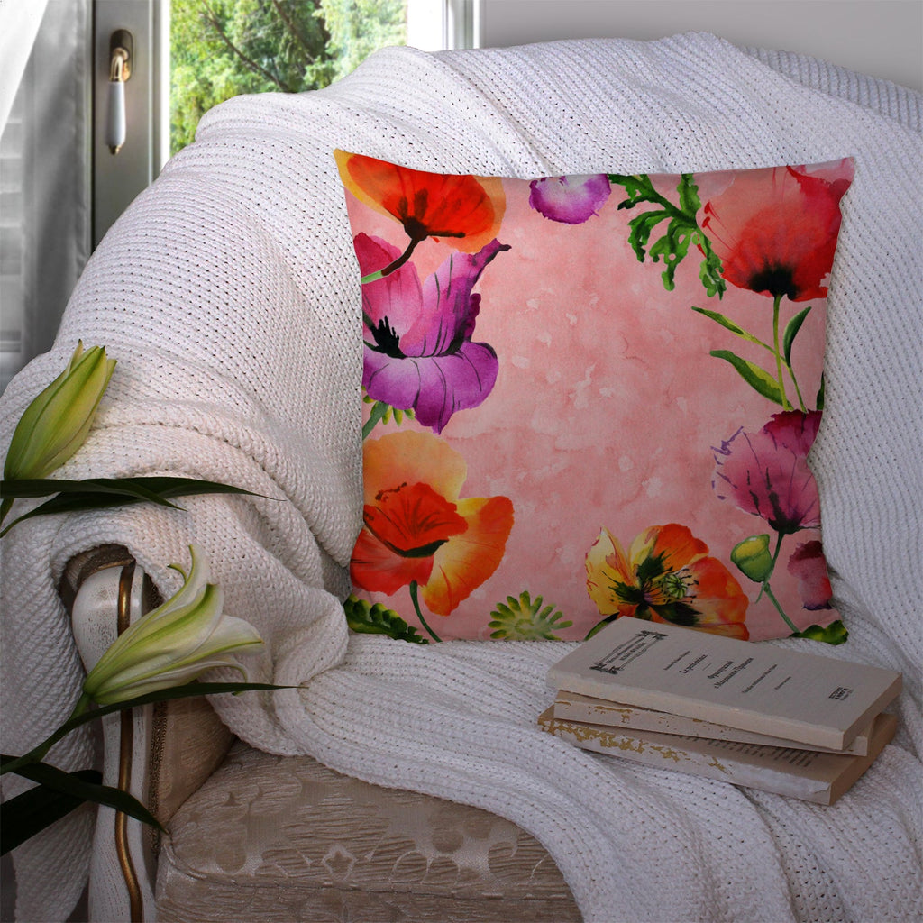 Poppy Flowers Decorative Throw Pillow 14x14 Indoor Outdoor Accent Cushion, Fabric Cover with Insert for Sofa, Bed, Porch & Living Room