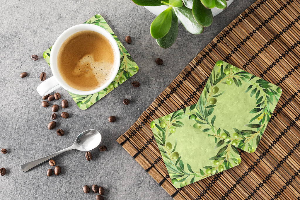 Olives Foam Coasters Set of 4 Cup Coasters for Indoor Outdoor, Tabletop Protection, Anti Slip, Mouse pad Material