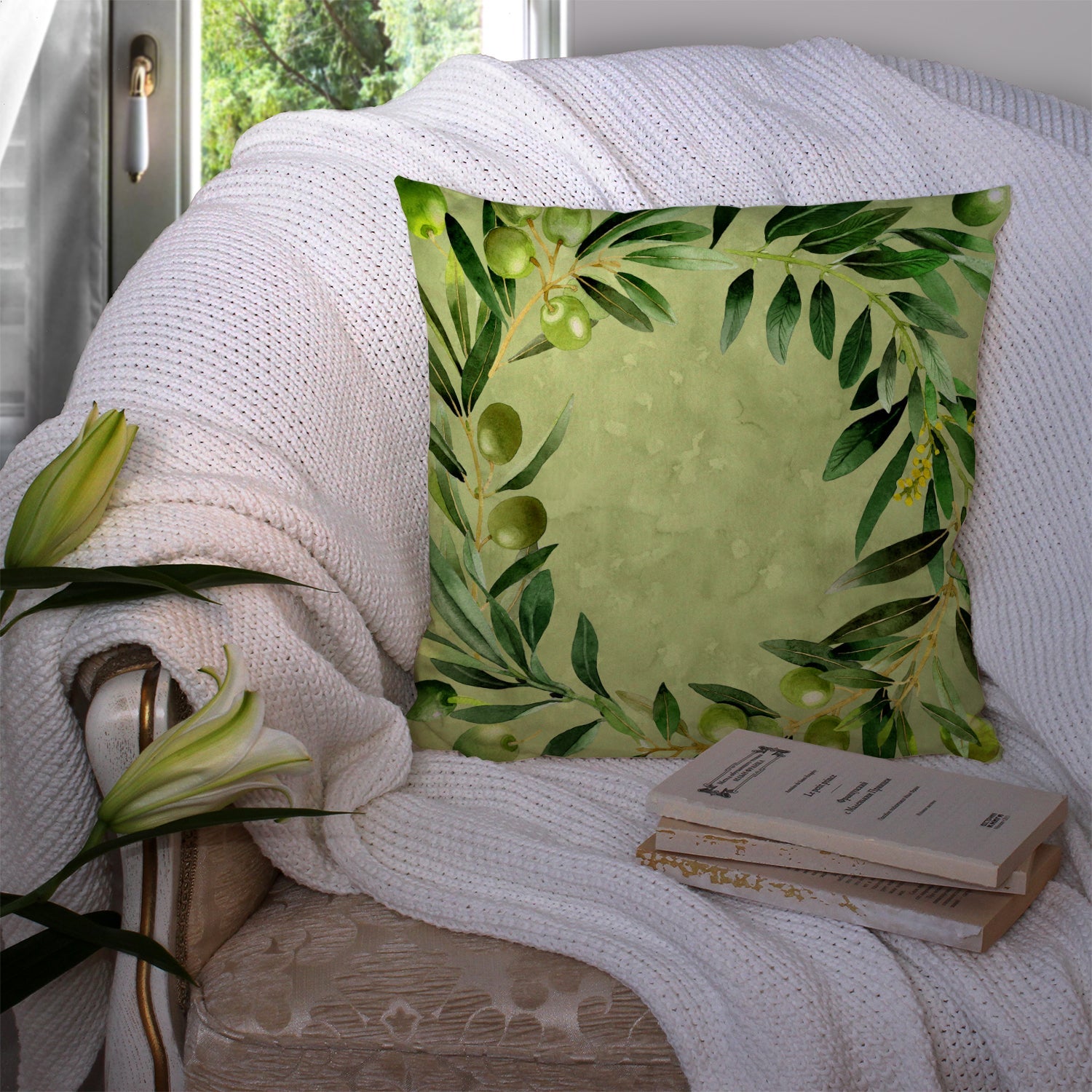 Olives Decorative Throw Pillow 14x14 Indoor Outdoor Accent Cushion, Fabric Cover with Insert for Sofa, Bed, Porch & Living Room