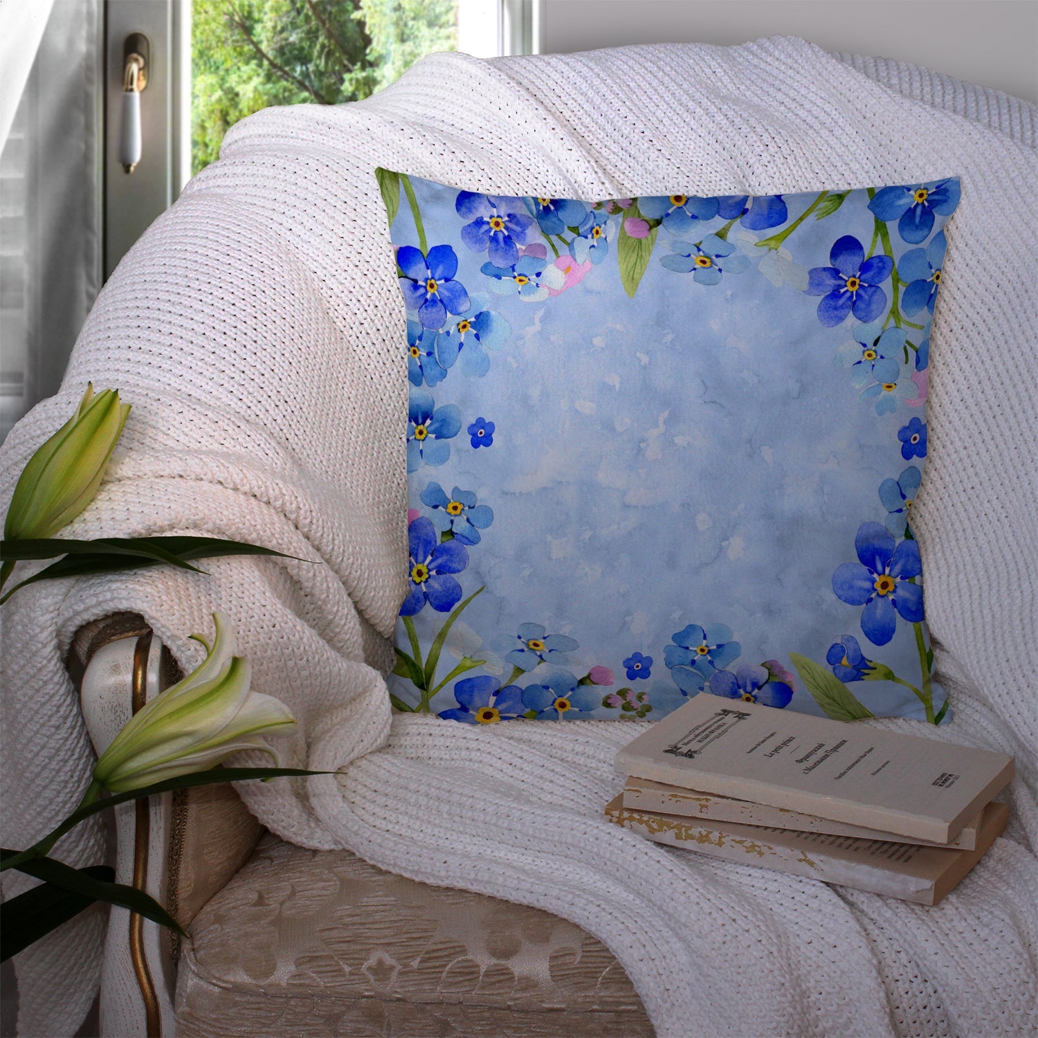 Myosotis flowers Decorative Throw Pillow 14x14 Indoor Outdoor Accent Cushion, Fabric Cover with Insert for Sofa, Bed, Porch & Living Room