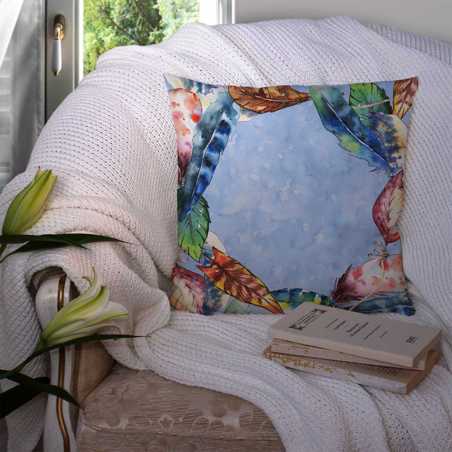 Feathers Decorative Throw Pillow 14x14 Indoor Outdoor Accent Cushion, Fabric Cover with Insert for Sofa, Bed, Porch & Living Room
