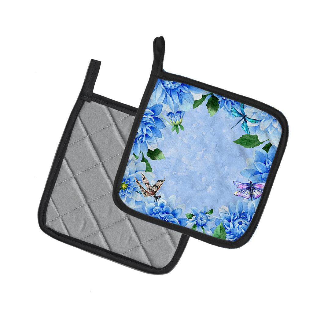 Blue Dahlias Pot Holder Set of 2 Heat Resistant Quilted Hot Pads 7.5 x 7.5 Inch, Insulated Kitchen Trivets for Cooking & Baking