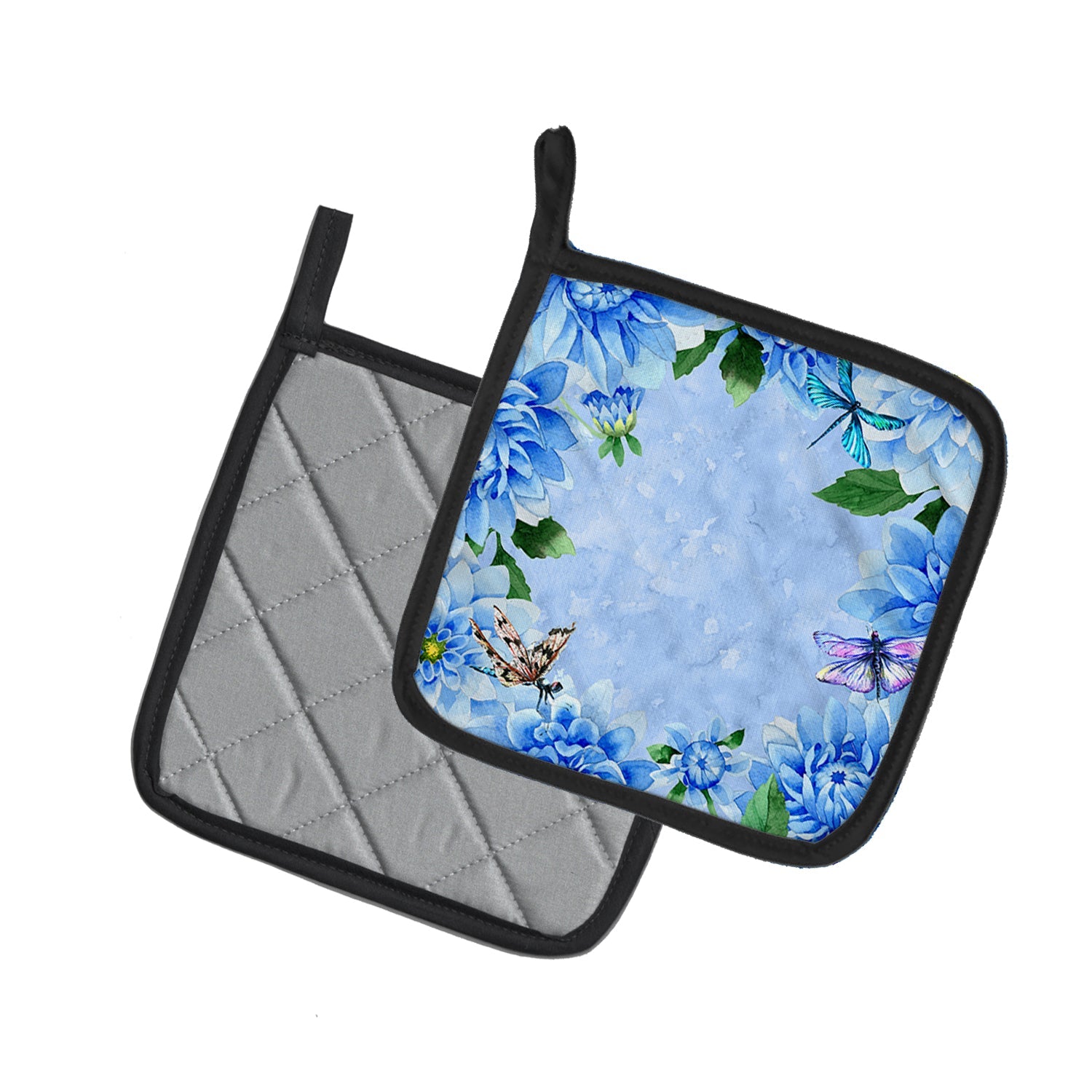 Blue Dahlias Pot Holder Set of 2 Heat Resistant Quilted Hot Pads 7.5 x 7.5 Inch, Insulated Kitchen Trivets for Cooking & Baking